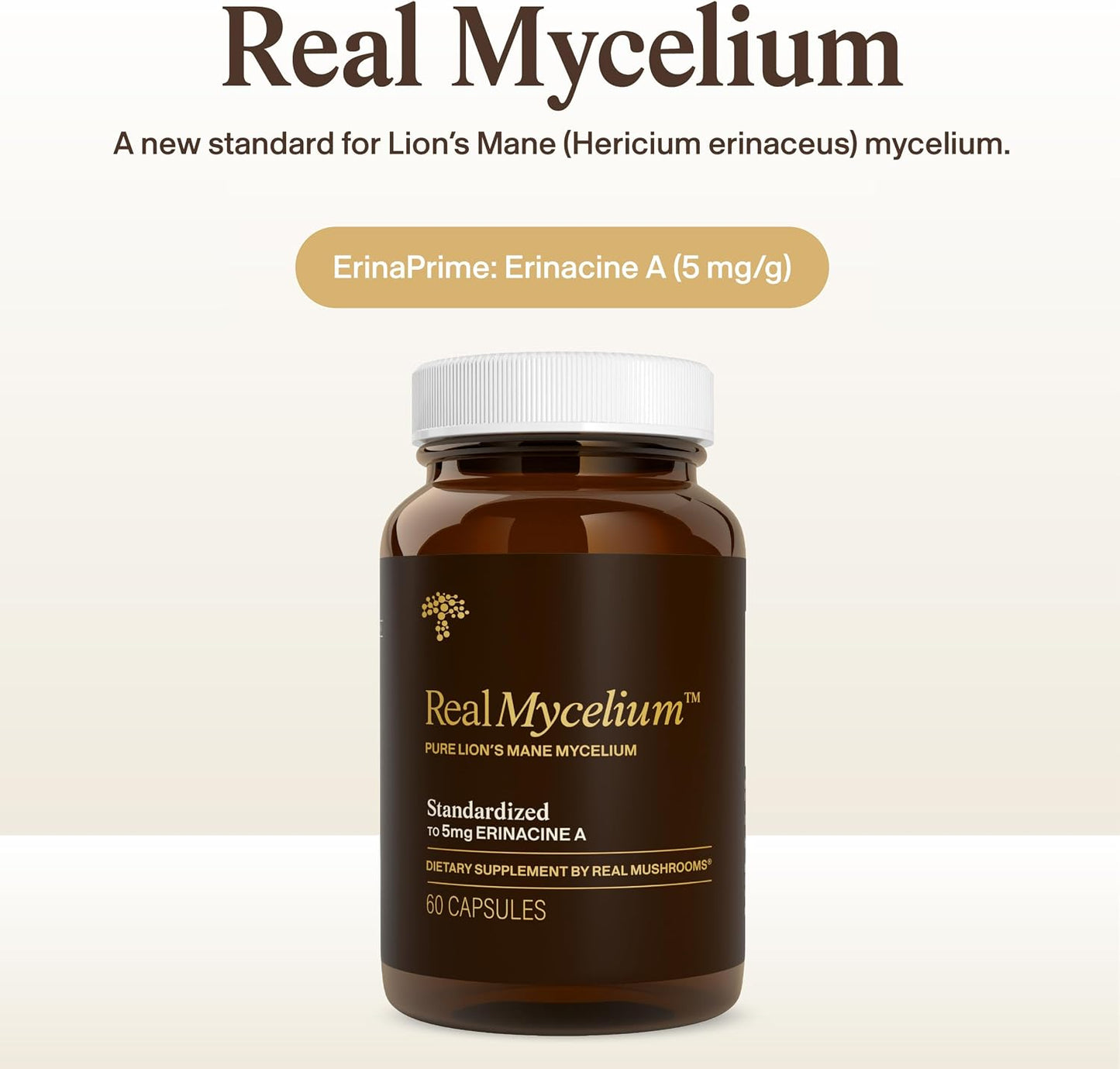 Real Mushrooms Real Mycelium – Standardized Lion’s Mane Mycelium Capsules with 5mg Erinacine A (ErinaPrime) – Pure Hericium Erinaceus Supplement for Focus, Memory, & Mental Clarity – (60 Count)