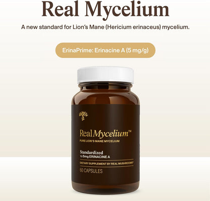 Real Mushrooms Real Mycelium – Standardized Lion’s Mane Mycelium Capsules with 5mg Erinacine A (ErinaPrime) – Pure Hericium Erinaceus Supplement for Focus, Memory, & Mental Clarity – (60 Count)