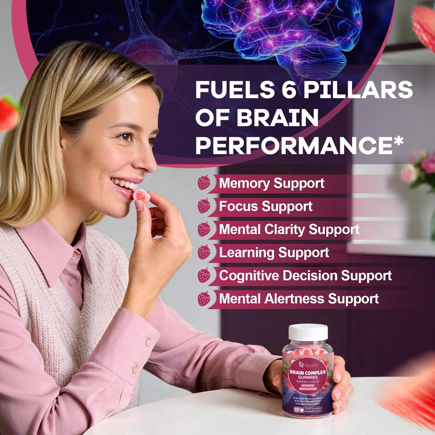 Migcopat Brain Supplements for Memory and Focus Gummies | Nootropic w/Bacopa Monnieri, Lion’s Mane, Ginkgo & 10-in-1 Mushroom Complex | Mental Clarity & Cognitive Support | Strawberry Flavor - 60 Cts