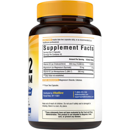 Vitalibre D3 K2 + Magnesium Supplement, 10000 IU Vitamin D3 & 200 mcg K2, with Magnesium Glycinate, Bone, Teeth, Immune & Energy Support, High Absorption, Non-GMO, Easy to Swallow, 60 Capsules