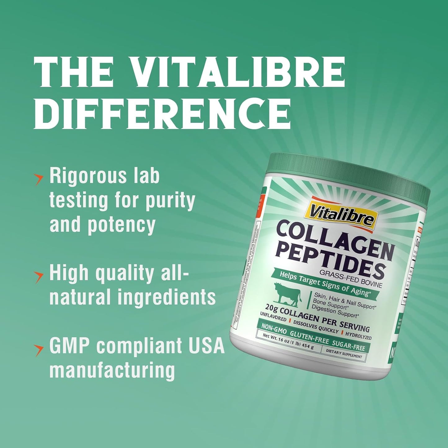 Vitalibre Bovine Collagen Peptides Powder for Women and Men, Grass-Fed Hydrolyzed Collagen Protein Type I & III, Skin, Hair, Nails, Bones, Digestion, Unflavored, Non-GMO, Keto & GF, 22 Servings, 16oz