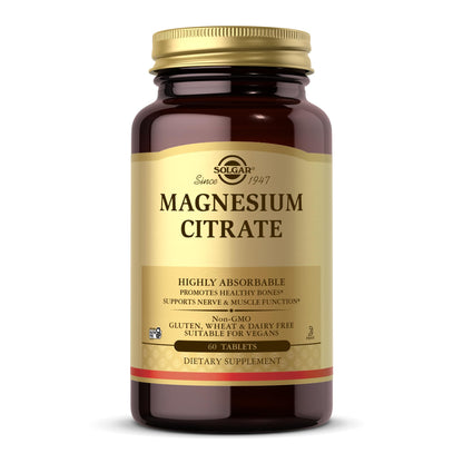 Solgar Magnesium Citrate, 120 Tablets - Promotes Healthy Bones - Supports Nerve & Muscle Function - Non GMO, Vegan, Gluten Free, Dairy Free, Kosher - 60 Servings, Standard Packaging
