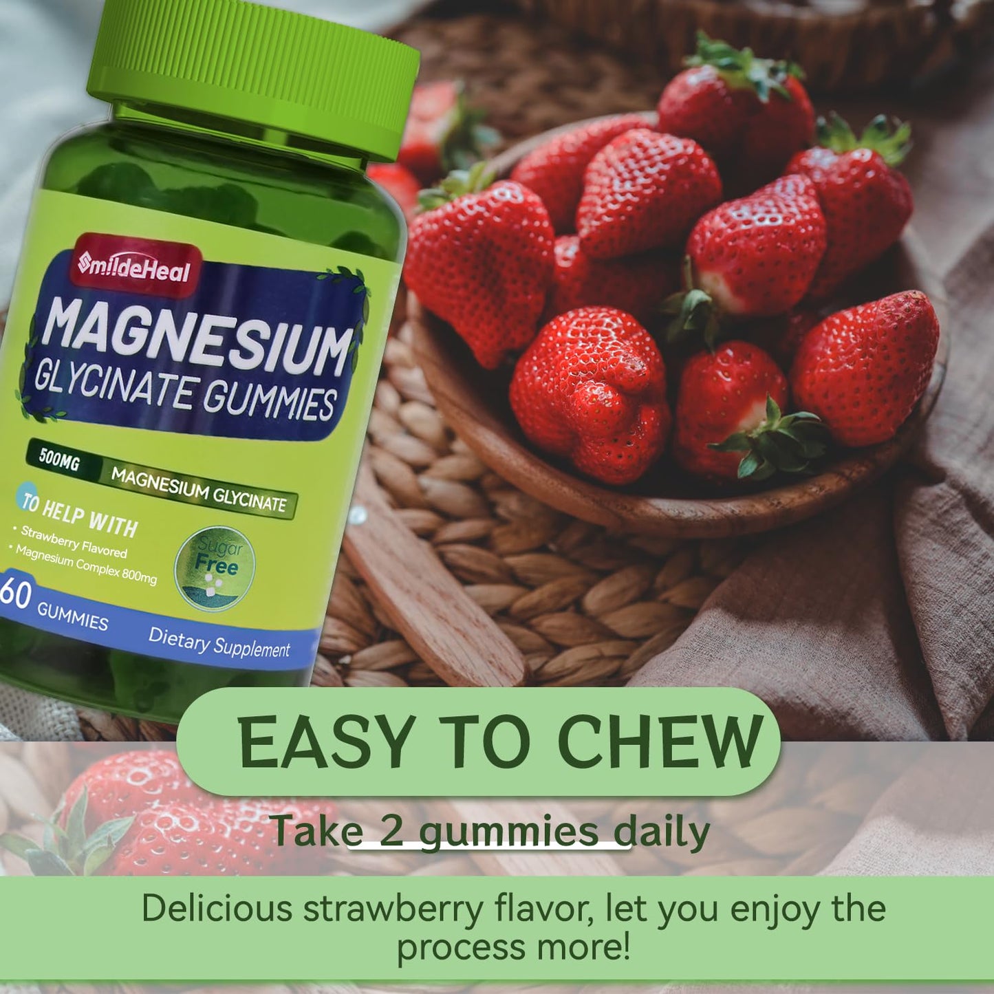 Magnesium Glycinate Gummies 500mg with L-Threonate 300mg - Sugar-Free Magnesium Potassium Supplement with Vitamin D, B6, CoQ10 - Strawberry Flavored - 60 Gummies