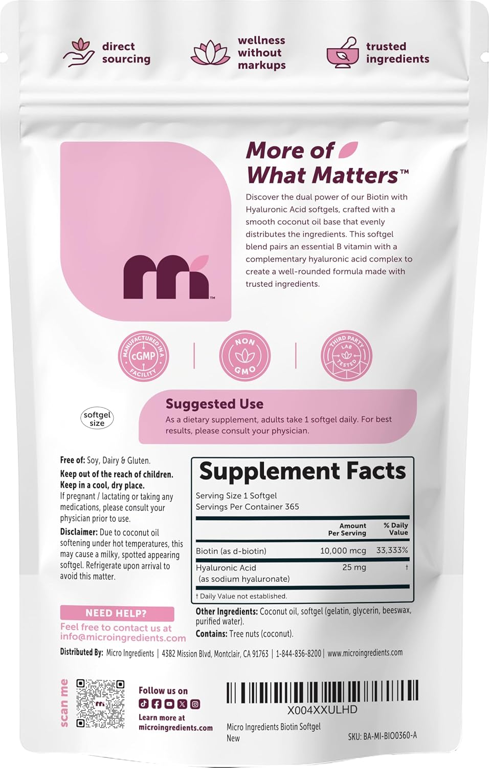 Micro Ingredients Biotin 10,000 mcg with Hyaluronic Acid 25 mg Per Serving | Made with Coconut Oil | 365 Softgels | 1 Per Day | One Year Supply | Non-GMO & Gluten Free