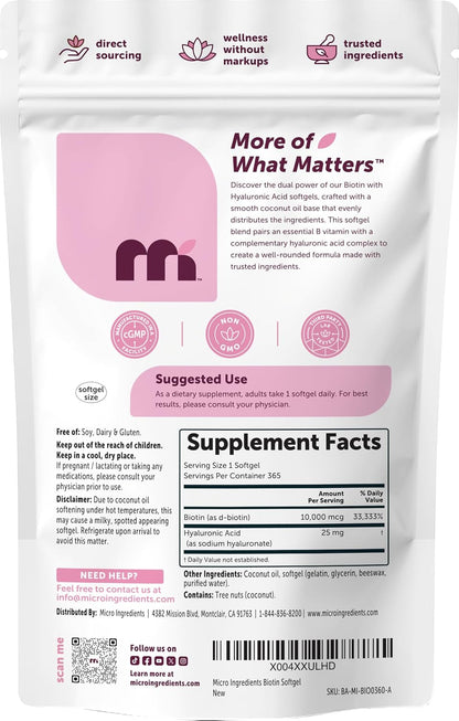 Micro Ingredients Biotin 10,000 mcg with Hyaluronic Acid 25 mg Per Serving | Made with Coconut Oil | 365 Softgels | 1 Per Day | One Year Supply | Non-GMO & Gluten Free
