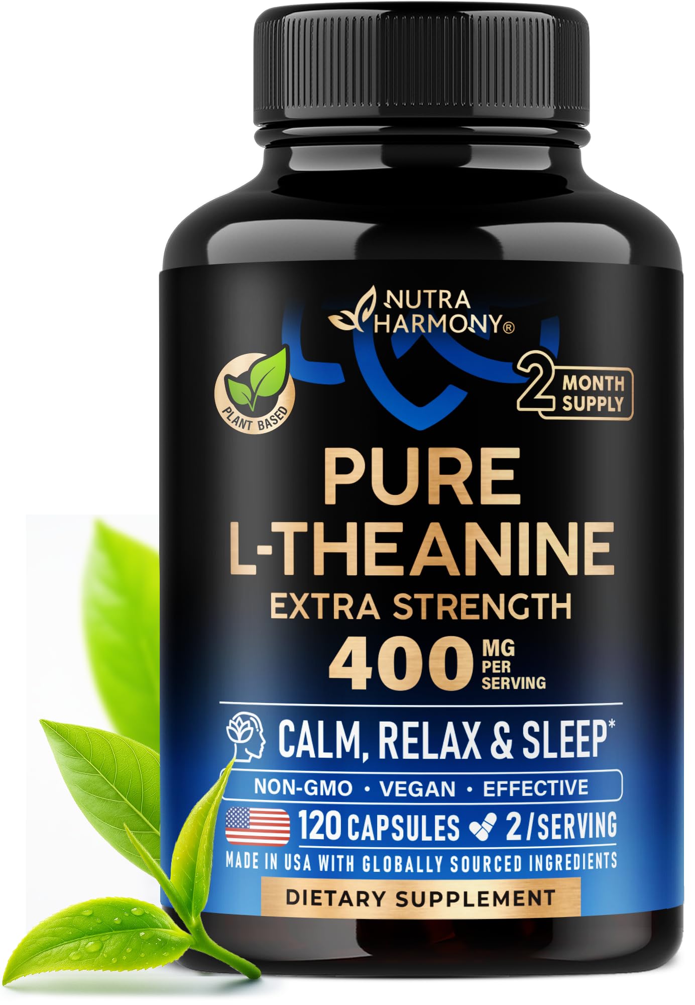 L Theanine 400 mg | L-Theanine Stress Relief | Extra Strength Supplement | Lab Tested | Relaxation, Sleep & Calm Support | For Men & Women | Plant Based, Non-GMO & Gluten-Free | 120 Vegan Capsules