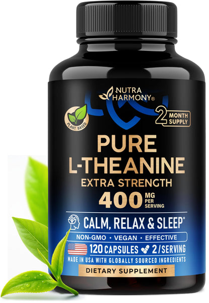 L Theanine 400 mg | L-Theanine Stress Relief | Extra Strength Supplement | Lab Tested | Relaxation, Sleep & Calm Support | For Men & Women | Plant Based, Non-GMO & Gluten-Free | 120 Vegan Capsules