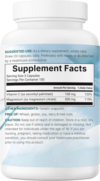 Pure Magnesium Citrate Supplements 500mg, 300 Capsules | Fat-Soluble Vitamin C Added | 100% Chelated | Only Active Ingredients