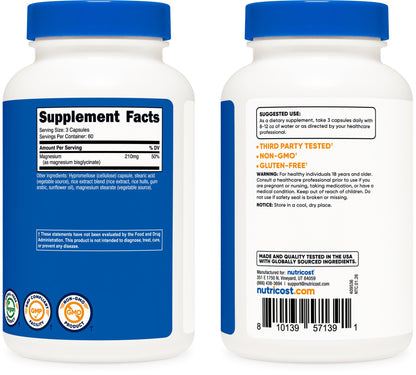 Nutricost Magnesium Glycinate Capsules, 180 Capsules, 210mg | Gentle Absorption, Magnesium Glycinate Supplement
