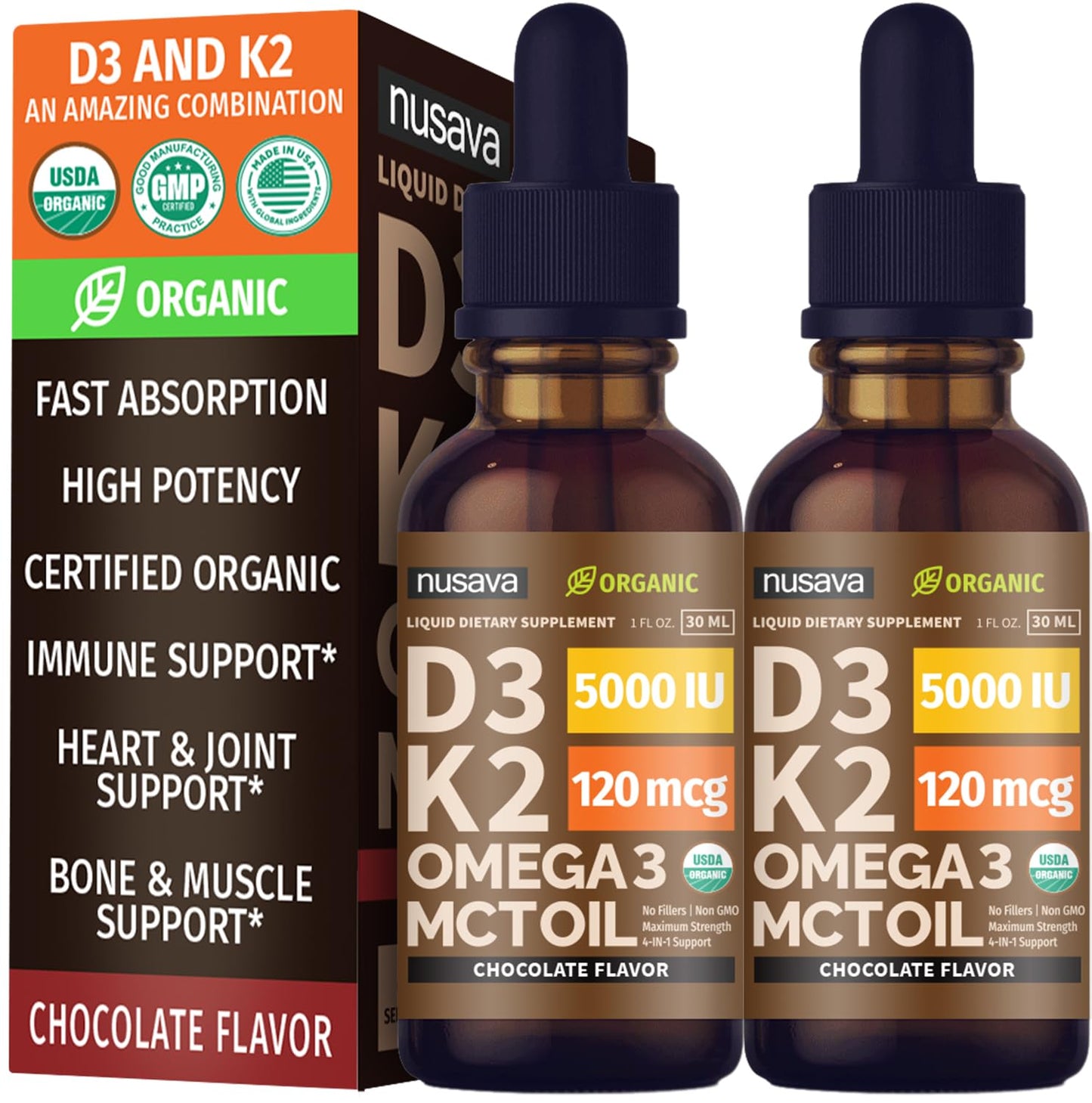 (2 Pack) Organic Vitamin D3 K2 Drops with MCT Oil & Omega 3 - Liquid Vitamin D3 5000 IU - K2 D3 Vitamin Supplement - Vitamin D Drops for Women & Men - No Fillers, Non-GMO, GMP, Unflavored (2 Fl Oz)