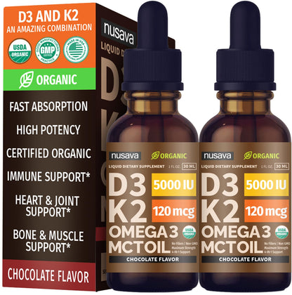 (2 Pack) Organic Vitamin D3 K2 Drops with MCT Oil & Omega 3 - Liquid Vitamin D3 5000 IU - K2 D3 Vitamin Supplement - Vitamin D Drops for Women & Men - No Fillers, Non-GMO, GMP, Unflavored (2 Fl Oz)