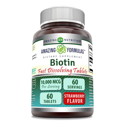 Amazing Formulas Biotin 10,000 mcg | Fast Dissolve Tablets | Non-GMO | Gluten Free Supplement | Made in USA (Strawberry, 60 Count)