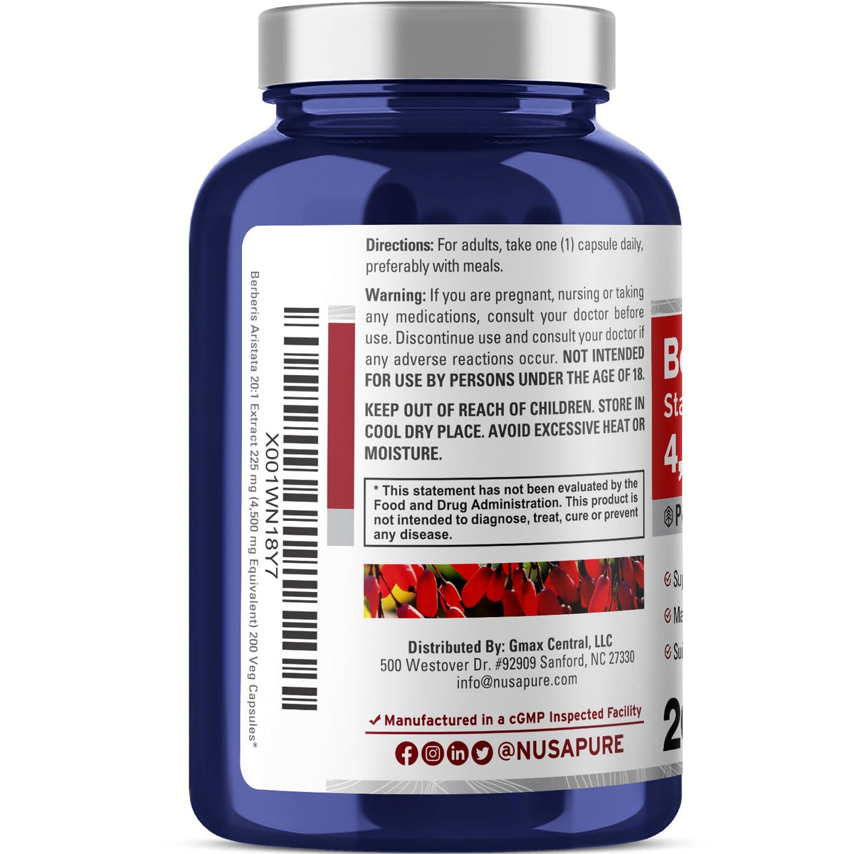 NusaPure Berberine HCI 4500 mg - 200 Veggie Caps - 6 Months Supply - (100% Vegetarian