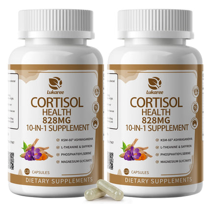 Lukaree Cortisol Supplements for Women and Men, with KSM-66® Ashwagandha | 10-IN-1 Cortisol Reducer with L-Theanine, Magnesium, Saffron & Phosphatidylserine, GMP Quality, 120 Capsules, 60-Day Supply