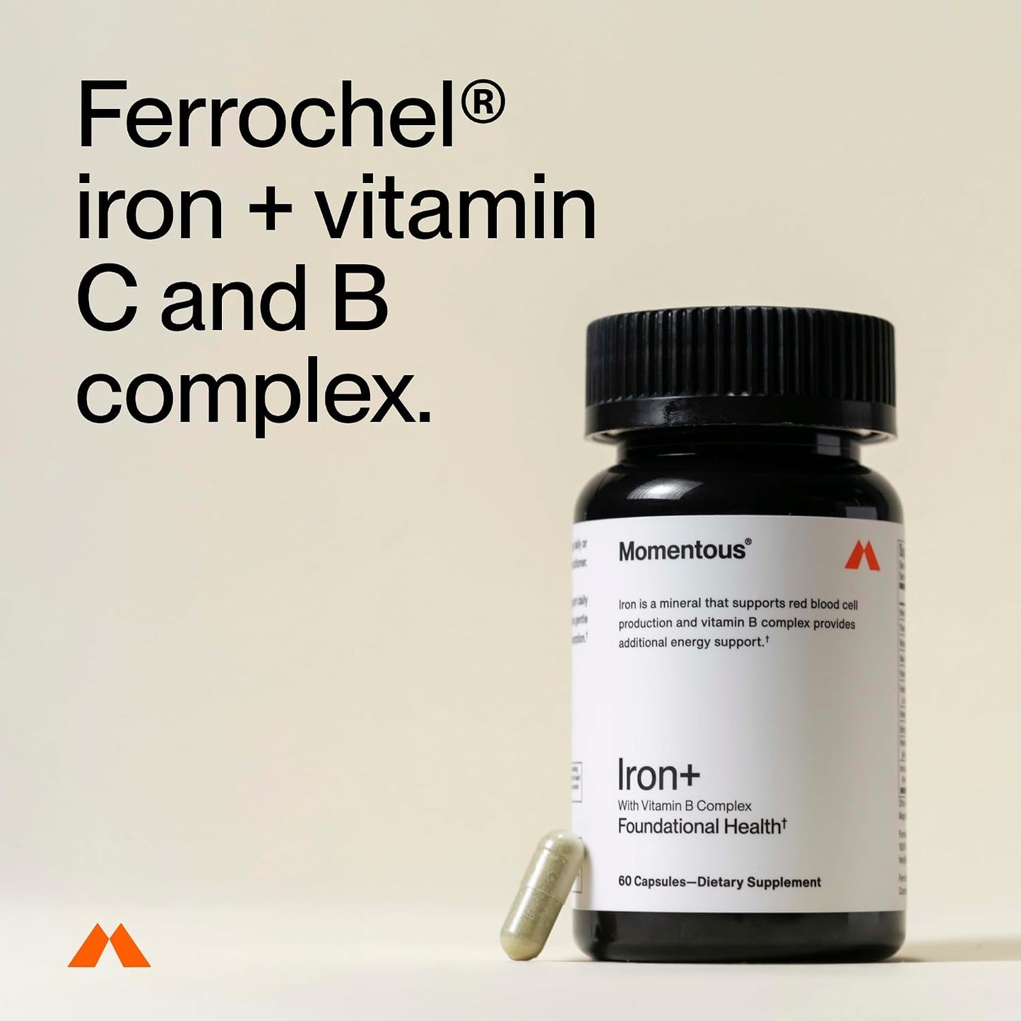 Momentous Iron+ with Vitamin C & Vitamin B Complex - Ferrochel Iron Capsules for Foundational Health Support - NSF Certified for Sport - Gluten-Free - 60 Servings