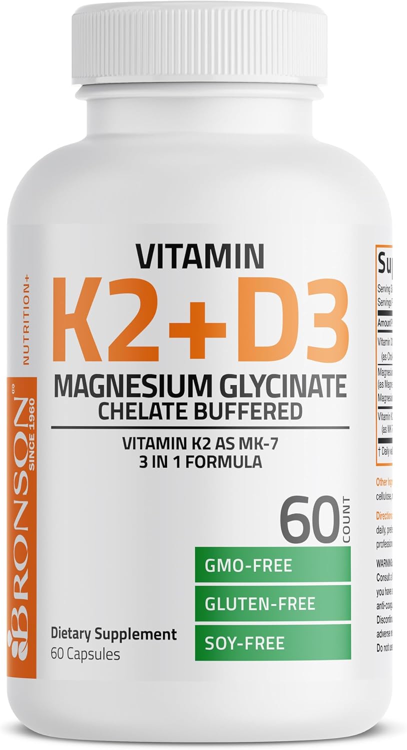 Bronson Vitamin K2+D3 Magnesium Glycinate Supplement, 60 Capsules | 3-in-1 Bone & Heart Health Support Formula, Non-GMO, Gluten Free, Soy Free