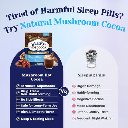 Mushroom Hot Cocoa Powder Natural Sleep Aid with 12 Superfoods, 30 Servings | Magnesium Glycinate, Melatonin 3mg, L-Theanine, Glycine, Lion's Mane, Reishi & Turkey Tail, Moon Bedtime Brew Hot Cocoa Mix