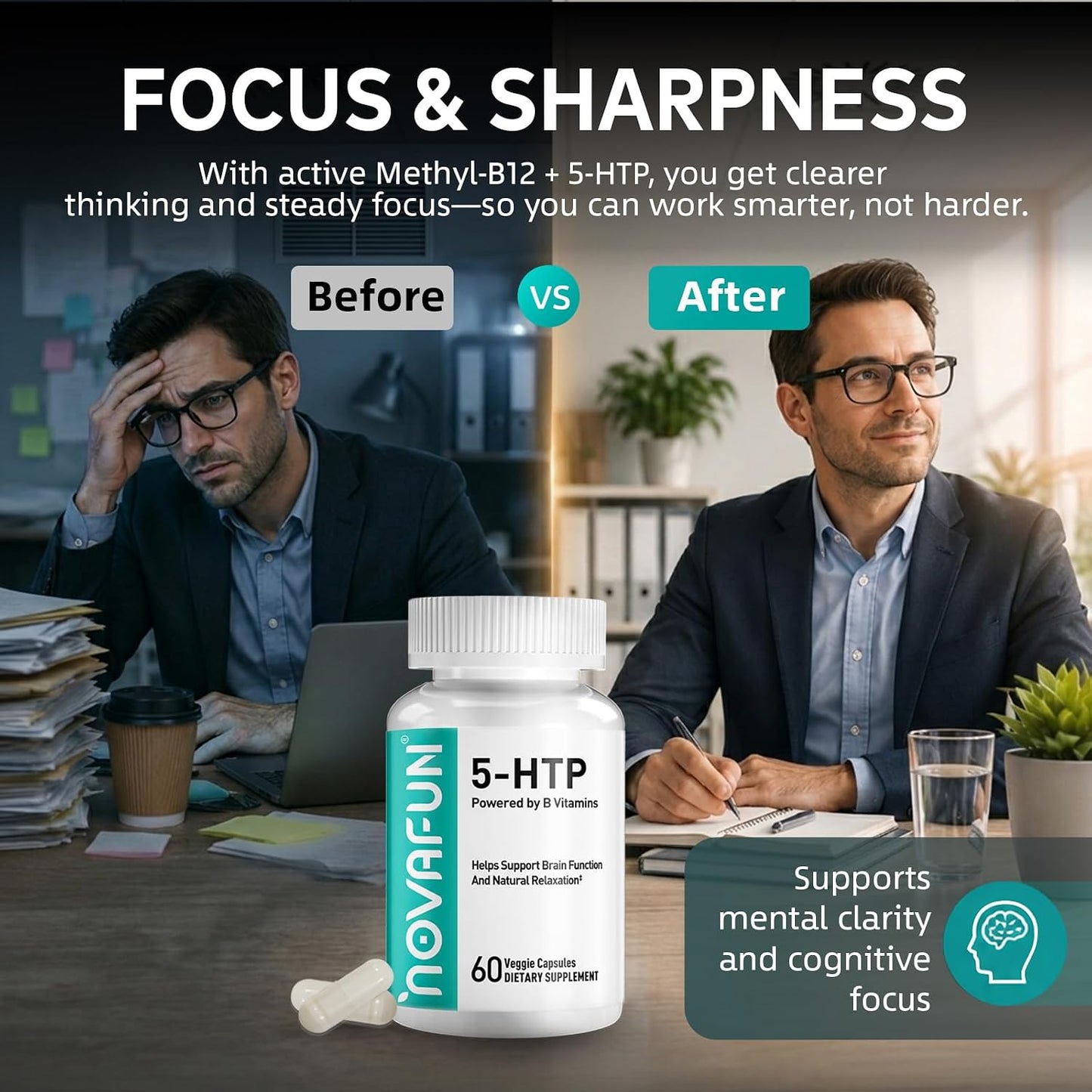 5-HTP 100mg Supplement with B6 & B12, Stress Relief, 60 Capsules | Supports Brain Function & Stress Relief | Enhanced with B6, B12 & Folic Acid | Vegan, Non-GMO, Gluten-Free, Made in USA