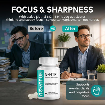 5-HTP 100mg Supplement with B6 & B12, Stress Relief, 60 Capsules | Supports Brain Function & Stress Relief | Enhanced with B6, B12 & Folic Acid | Vegan, Non-GMO, Gluten-Free, Made in USA