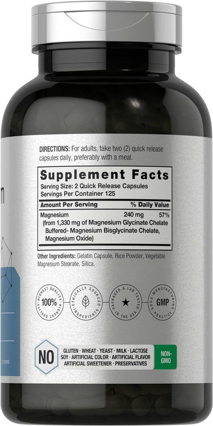 Horbaach Magnesium Glycinate 1330mg | 250 Capsules | Buffered with Chelated Minerals | 240 mg per Serving | Non-GMO, Gluten Free Supplement