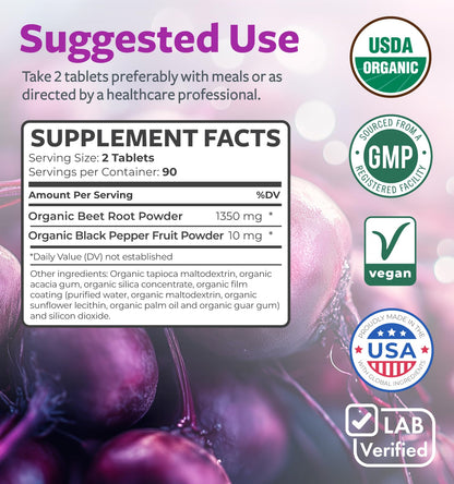 USDA Organic Beet Root Powder (120 Tablets) 1350mg Beets Per Serving with Black Pepper for Extra Absorption - Super Antioxidant and Nitrate Supplement for Athletic Performance and Stamina- No Capsules