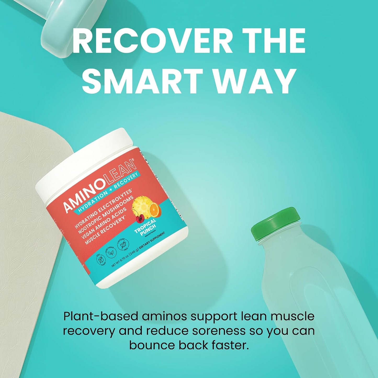 AminoLean Recovery Electrolytes Powder with Vegan BCAA + EAA Amino Acids | 5g Vegan Amino Acids, Hydration, Electrolytes & Nootropic Reishi Mushrooms for Post Workout & Morning Recovery, Sugar Free