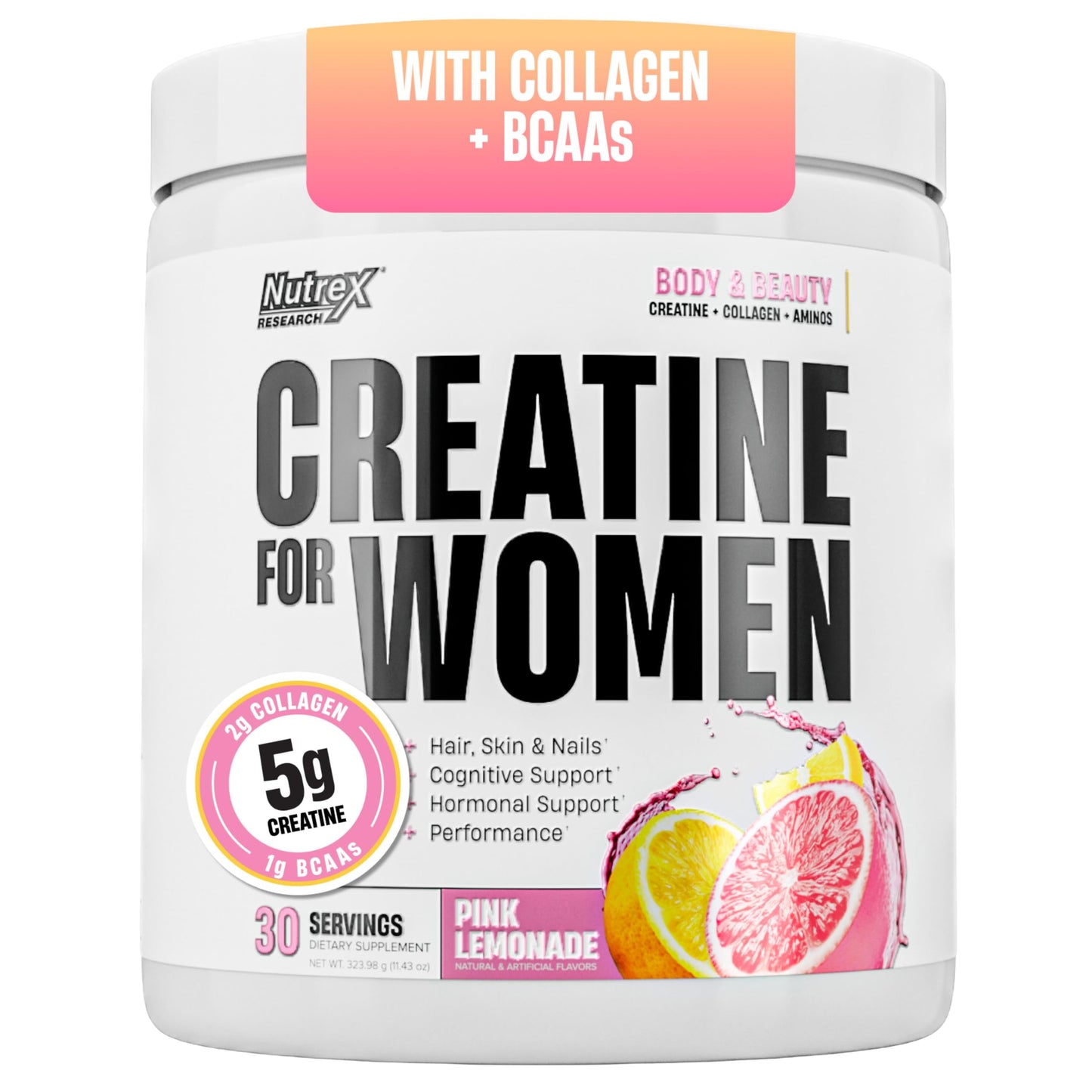 Nutrex Research Creatine for Women Booty & Beauty – Peach Mango | 5g Creatine, 2g Collagen, BCAAs & Hyaluronic Acid for Glutes, Strength & Skin | Gluten Free, 30 Servings