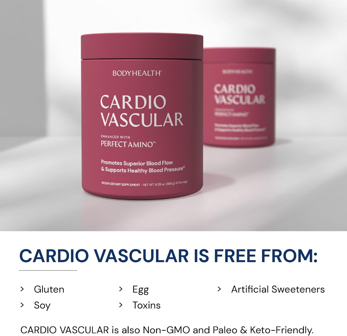 BodyHealth Cardio Vascular with PerfectAmino, Blood Flow and Heart Health Supplement Support with CoQ10, Nicotinamide Riboside, Resveratrol and D-Ribose, Chocolate Flavor, 30 Servings