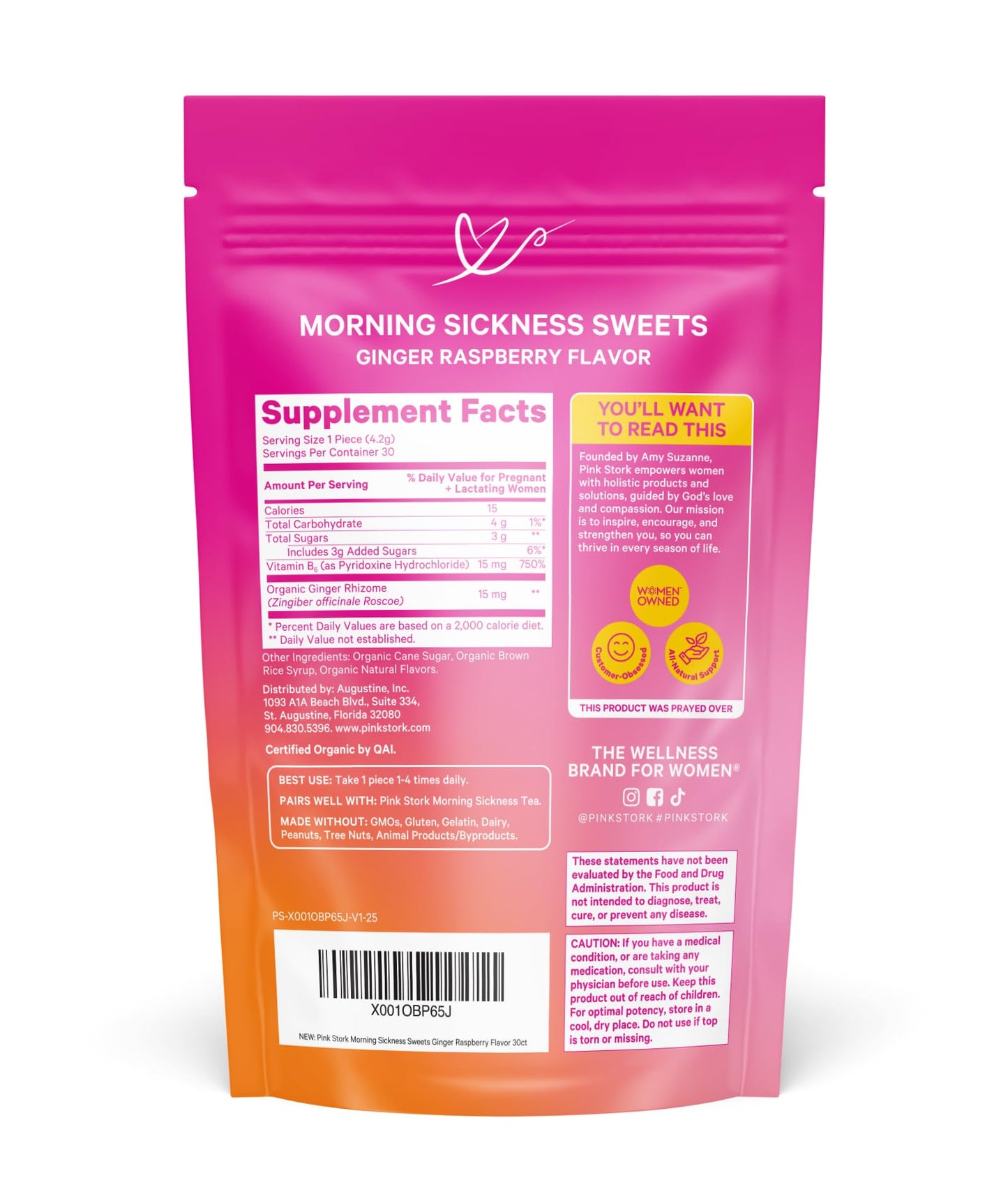 Pink Stork Morning Sickness Sweets Organic Raspberry Ginger, 30 Count | USDA Organic Ginger + Vitamin B6, Motion Sickness Support, Digestive Comfort + Heartburn Support, 30 Wrapped Drops