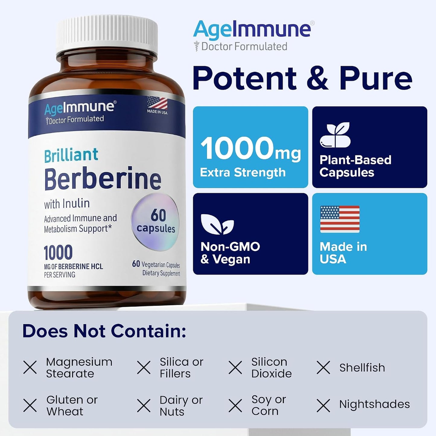 AgeImmune Berberine 1000mg Supplement Complex with Inulin Prebiotic - Berberine HCL 500mg per Capsule - Doctor Formulated and Third Party Tested Berberine Supplement