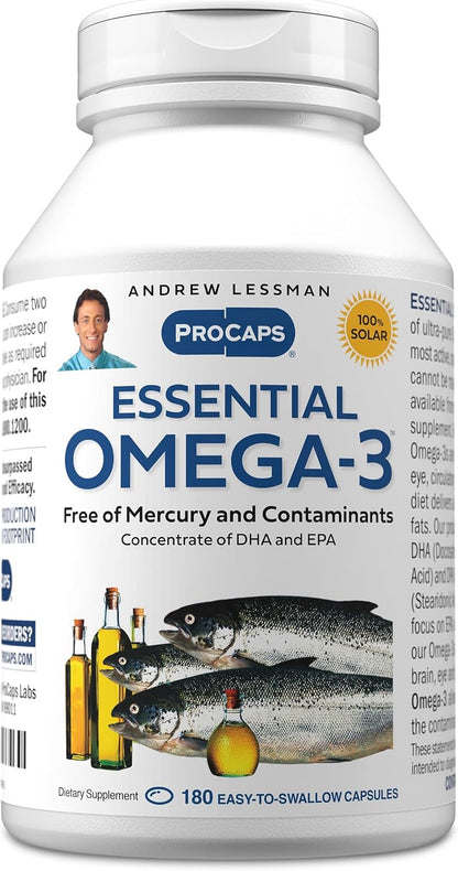 ANDREW LESSMAN Essential Omega-3 Fish Oil, High DHA Formula, 180 Softgels | Ultra-pure Omega-3 fish oil in its natural triglyceride form to support heart, brain and eye health.