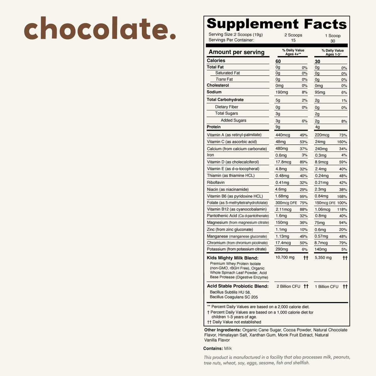 Nurished Mighty Chocolate Milk - Kids Daily Protein Powder Boosted with 2 Billion