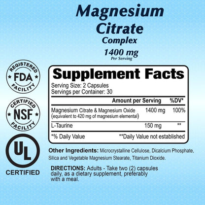 Magnesium Citrate 1400 mg by Alfa Vitamins - Supports Nerve & Muscle Function - Helps Energy Production - 60 Capsules