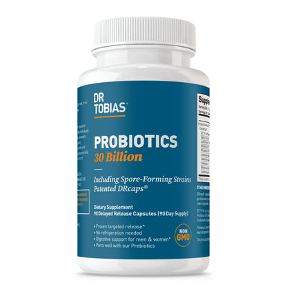 Dr. Tobias Probiotics 30 Billion CFU 30 Capsules | Gut Health Support | Daily Digestive Support | 10 Probiotic Strains | Targeted Release Probiotics for Women & Men | Shelf Stable | 30 Servings