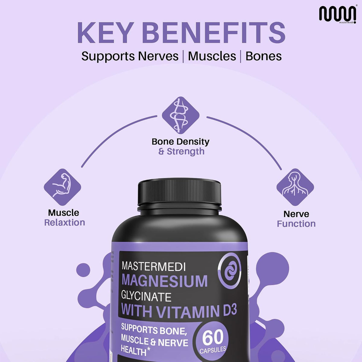 MasterMedi Magnesium Glycinate 100mg with Vitamin D3 – High Absorption Formula – Supports Sleep, Muscle Relaxation, Stress & Bone Health – 60 Capsules, 2-Month Supply