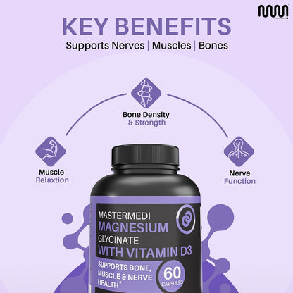 MasterMedi Magnesium Glycinate 100mg with Vitamin D3 – High Absorption Formula – Supports Sleep, Muscle Relaxation, Stress & Bone Health – 60 Capsules, 2-Month Supply