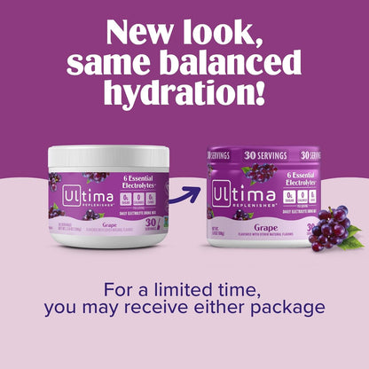 Ultima Replenisher Electrolyte Powder Drink Mix Bundle – Sugar Free – Grape, 30 Serving Canister and 20 Stickpacks – 6 Electrolytes and Minerals – Keto Friendly, Vegan, Non-GMO
