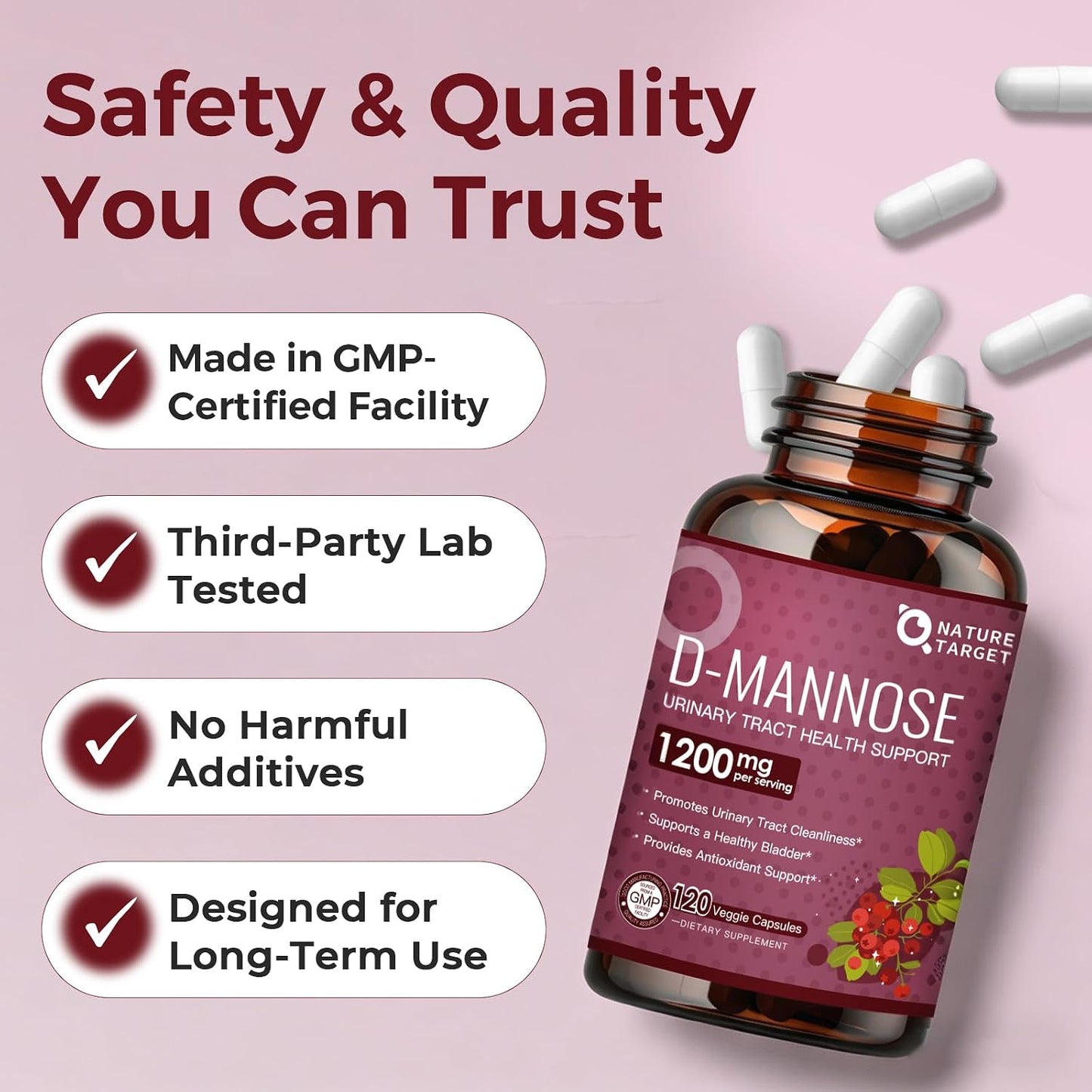 NATURE TARGET D-Mannose 1200mg Supplements with Cranberry - 120 Capsules | D Mannose for Women Promotes Urinary Tract Health, Bladder Cleanliness & Antioxidant Support - Non-GMO, Gluten-Free & Vegan