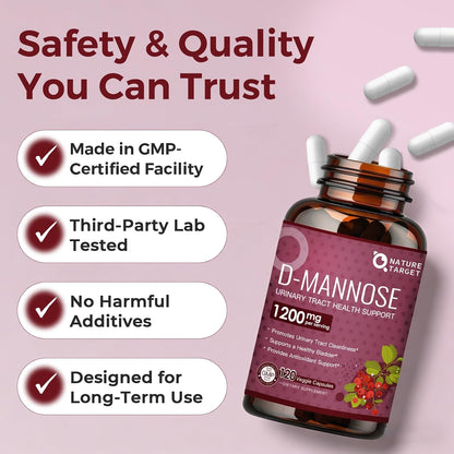 NATURE TARGET D-Mannose 1200mg Supplements with Cranberry - 120 Capsules | D Mannose for Women Promotes Urinary Tract Health, Bladder Cleanliness & Antioxidant Support - Non-GMO, Gluten-Free & Vegan