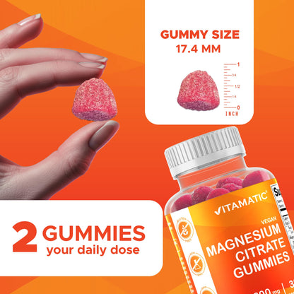 Vitamatic Magnesium Citrate Gummies, 600 mg, 60 Vegan Gummies | 600 mg Magneisum Citrate Per Serving with 70 mg of Elemental Mg, Natural Raspberry Flavor, Non-GMO, Gluten Free, Pectin Based