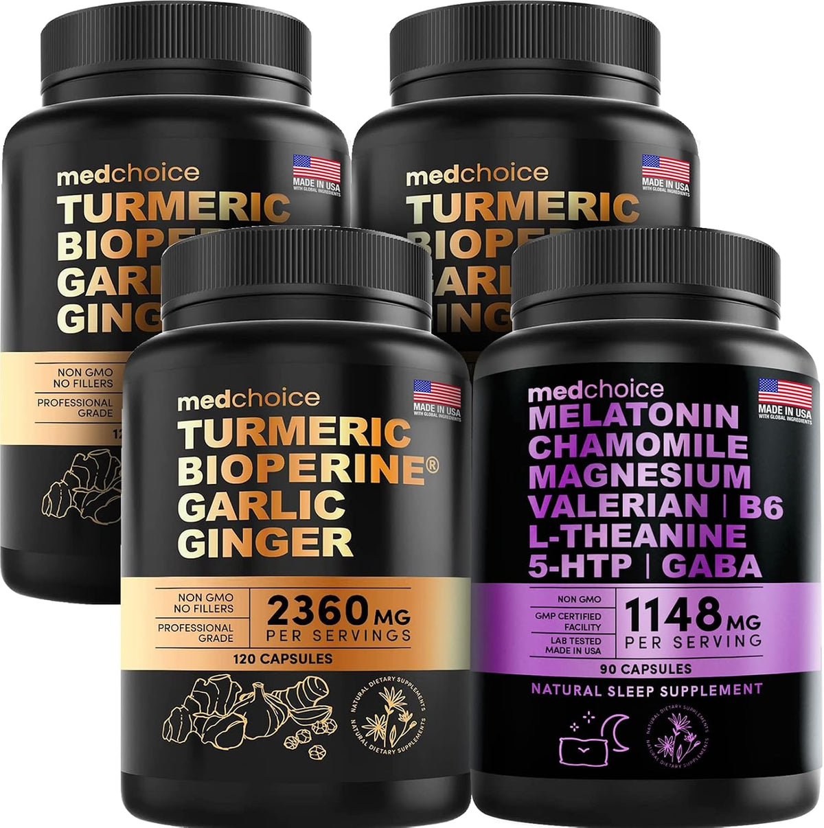 4-in-1 Turmeric Curcumin w Bioperine 2360mg (120 ct) Pack of 3 and 10-in-1 Melatonin 6mg Sleep Support (90 ct) Pack of 1, Sleep Supplements for Adults & Curcumin Supplements for Joint and Digestion