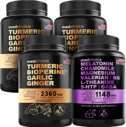 4-in-1 Turmeric Curcumin w Bioperine 2360mg (120 ct) Pack of 3 and 10-in-1 Melatonin 6mg Sleep Support (90 ct) Pack of 1, Sleep Supplements for Adults & Curcumin Supplements for Joint and Digestion