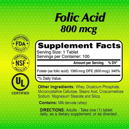ALFA VITAMINS Folic Acid 800 mcg Prenatal Supplement, Supports Cardiovascular Health, Body & Brain Functions, Red Blood Cell Formation & Healthy Fetal Development, Dietary Supplement, 100 Tablets