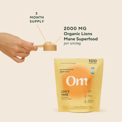 Om Lion’s Mane Mushroom Powder - Organic Mushroom Supplement and Nootropic - Support Memory, Focus and Nerve Health, 7.05 oz (100 Servings)
