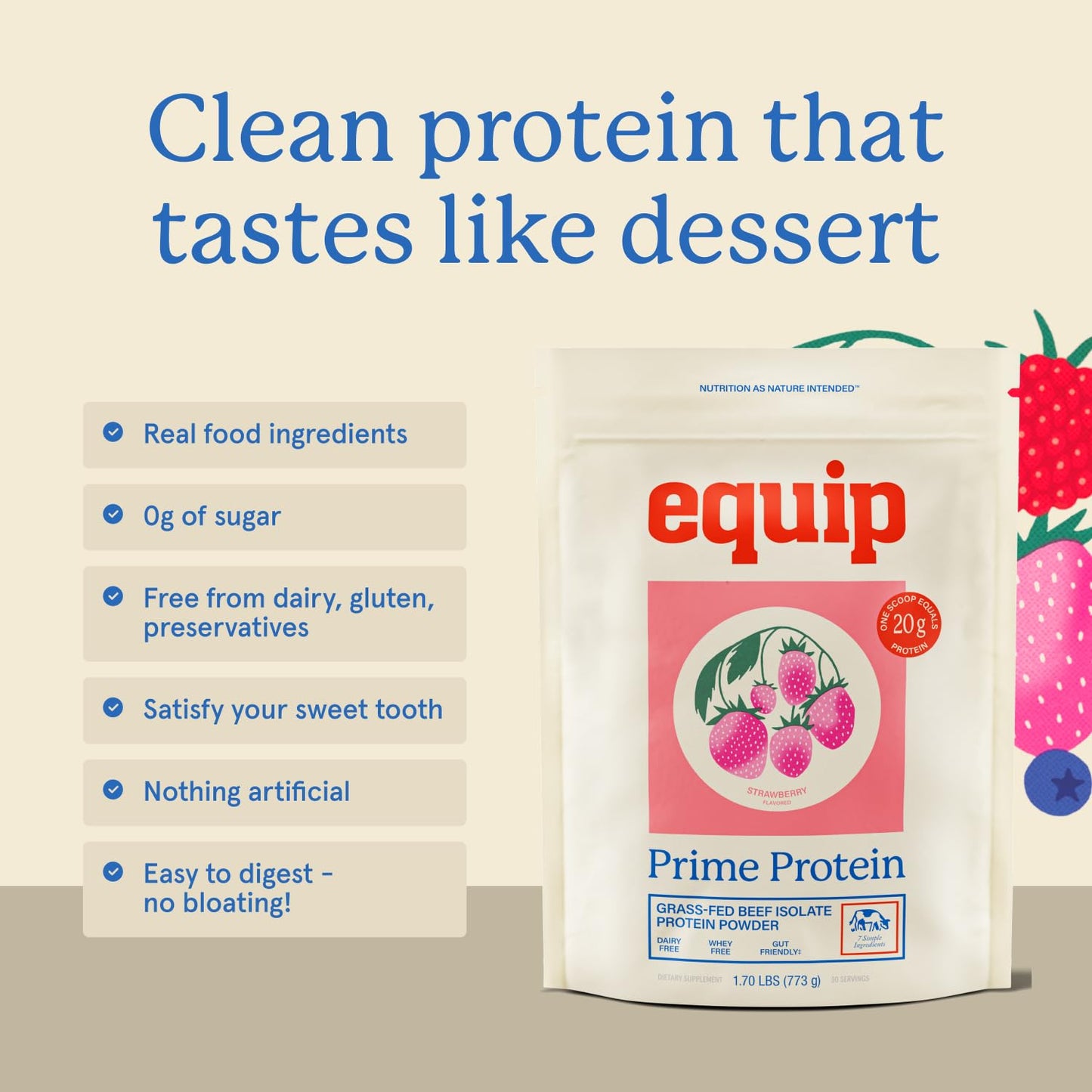 Equip Prime Chocolate Protein Powder - Gut-Friendly, No Sugar Protein Shake Powder with Grass-Fed Beef & Natural Collagen - Rich & Creamy Mix - 21g Per Serving - Whey & Dairy-Free (30 Scoops)