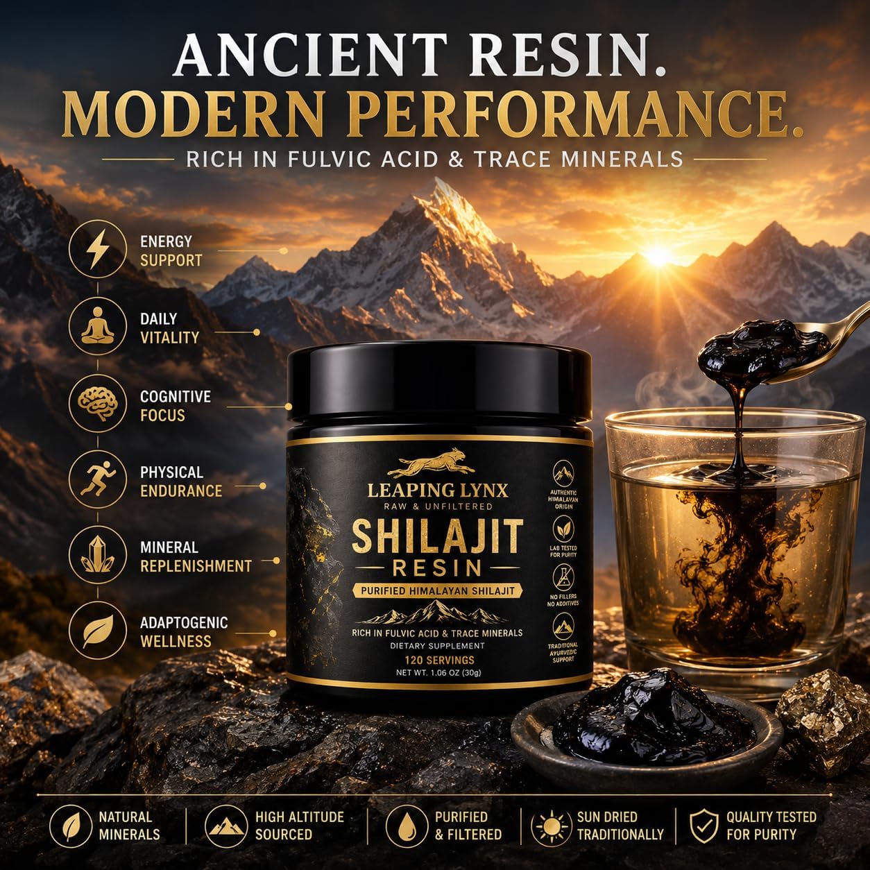 Resina Shilajit del Himalaya de 1,000 mg – 85+ oligominerales, ácido fúlvico orgánico de grado dorado | Cosechado alpino, secado al sol y purificado en laboratorio | Energía, vitalidad, apoyo inmunológico y cardiovascular | Sin OMG