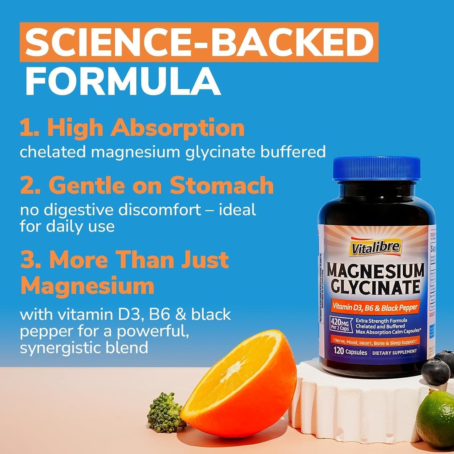 Vitalibre Magnesium Glycinate 420mg with Vitamin D3 B6, 120 Vegan Capsules | Chelated & Buffered Magnesium Supplement | High Absorption for Nerve, Bone, Heart, Mood, Sleep Support, Non-GMO