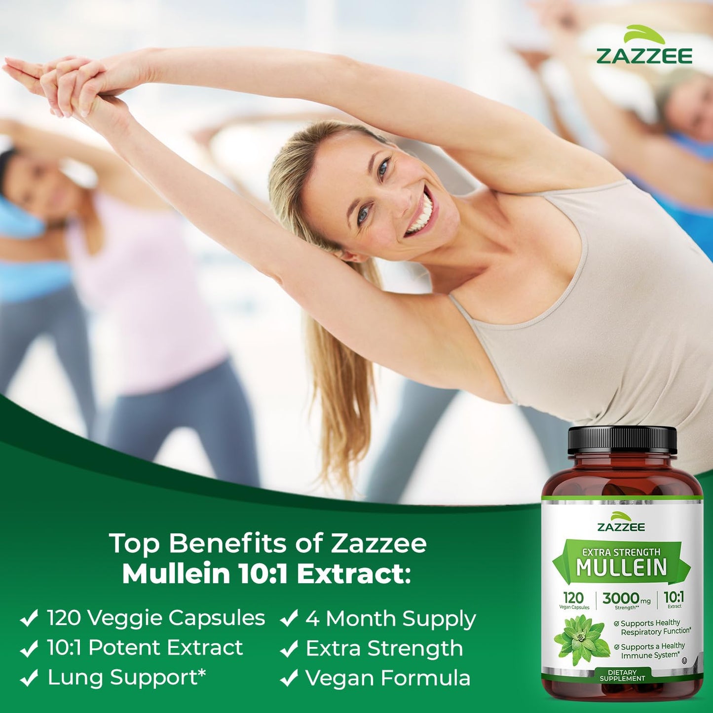 Zazzee Extra Strength Mullein Leaf 10:1 Extract, 120 Vegan Capsules, 4 Month Supply, Verbascum Thapsus, Respiratory & Lung Support, Certified Kosher, 100% Pure Leaf Powder, Non-GMO, Made in the USA