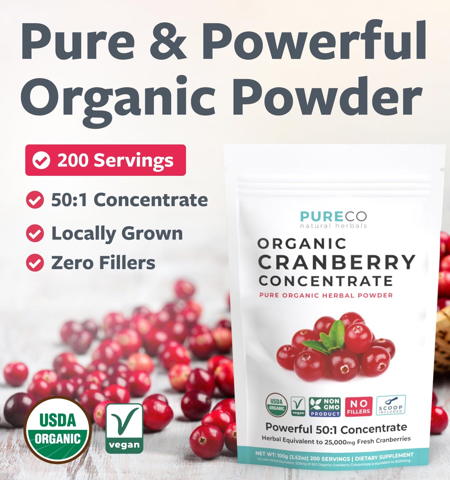 PURE CO USDA Organic Cranberry Concentrate Powder - Organic Cranberry Powder 500mg 50:1 Extract Per 1 Scoop Serving - Kidney Cleanse & Urinary Tract Support for Women - 100 Servings