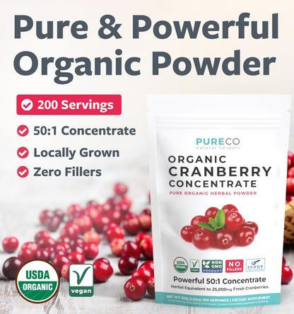 PURE CO USDA Organic Cranberry Concentrate Powder - Organic Cranberry Powder 500mg 50:1 Extract Per 1 Scoop Serving - Kidney Cleanse & Urinary Tract Support for Women - 100 Servings